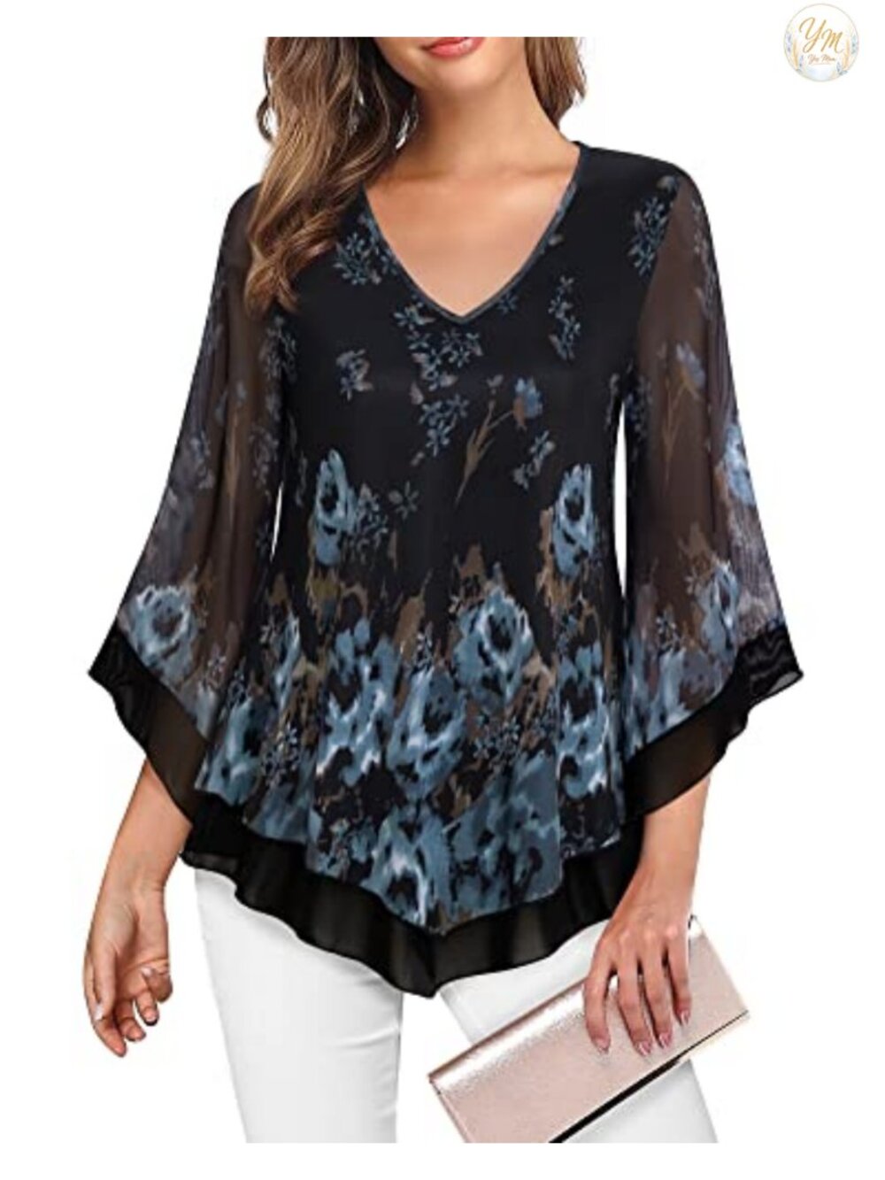 Women's Double Layers Mesh Blouse Ruffle 3/4 Flared Sleeve Tunic Top